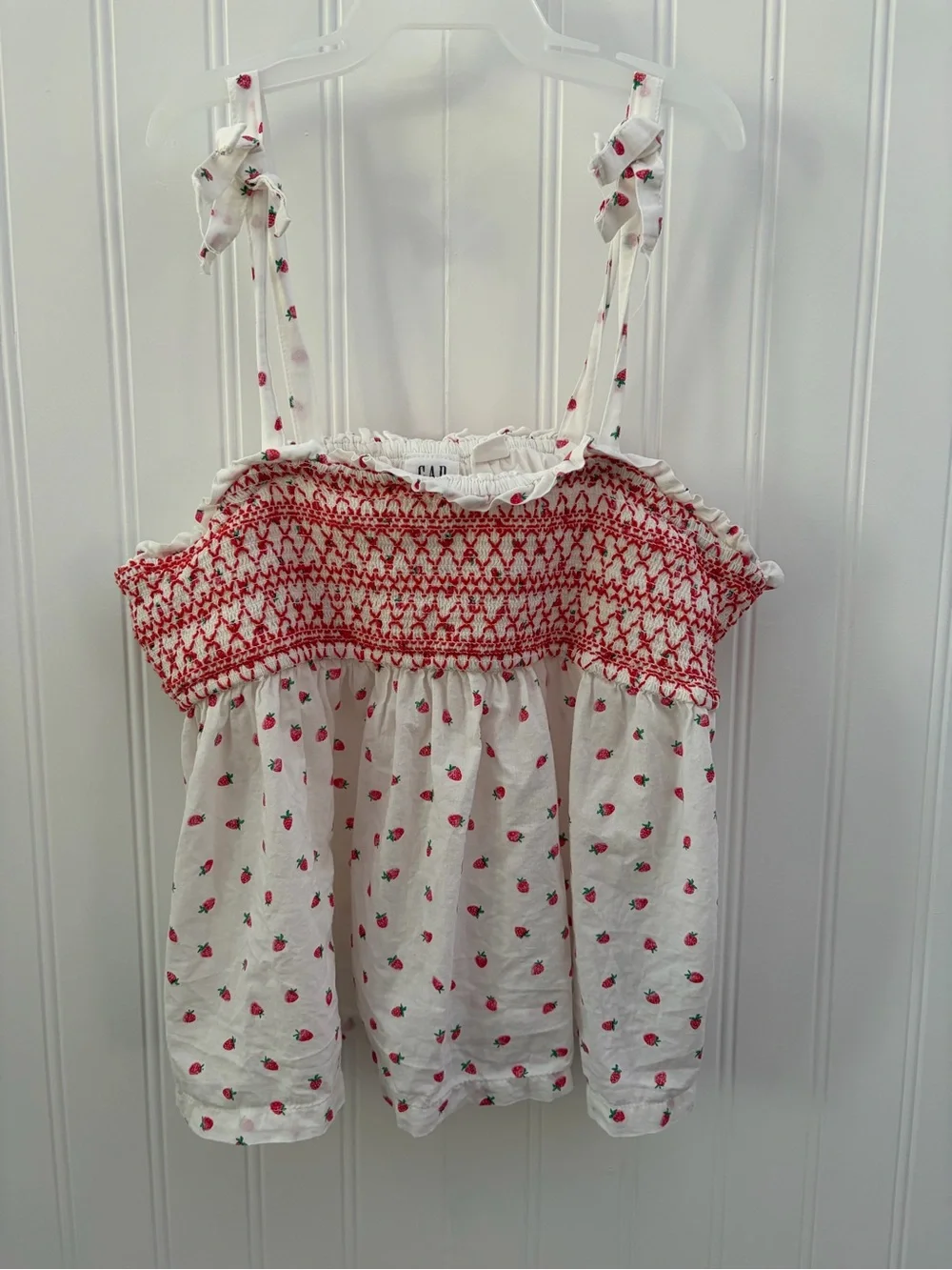 Girl’s White Strawberry Print Smocked Tank Top